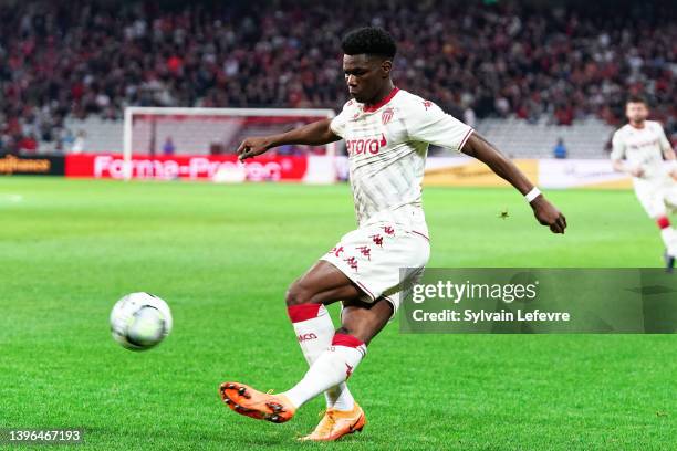 Aurelien Tchouameni of AS Monaco in action during the Ligue 1 Uber Eats match between Lille OSC and AS Monaco at Stade Pierre Mauroy on May 6, 2022...