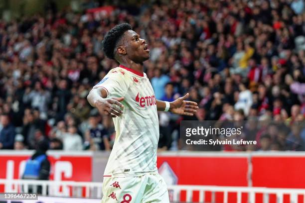 Aurelien Tchouameni of AS Monaco celebrates after scoring his team's 2nd goal during the Ligue 1 Uber Eats match between Lille OSC and AS Monaco at...
