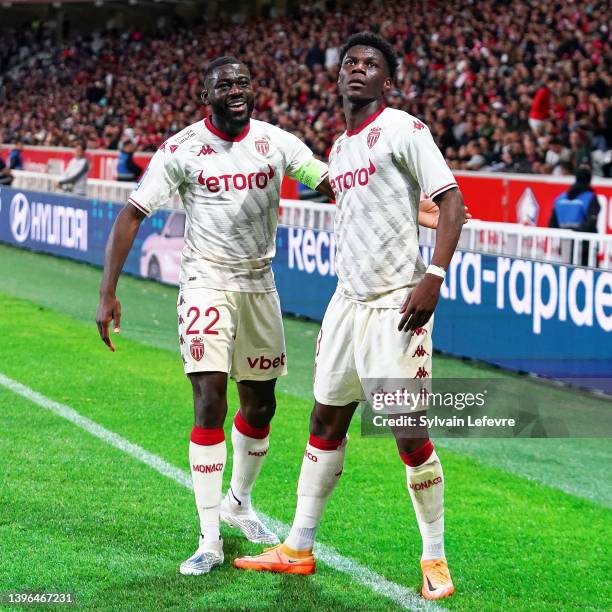 Aurelien Tchouameni of AS Monaco celebrates after scoring his team's 2nd goal during the Ligue 1 Uber Eats match between Lille OSC and AS Monaco at...