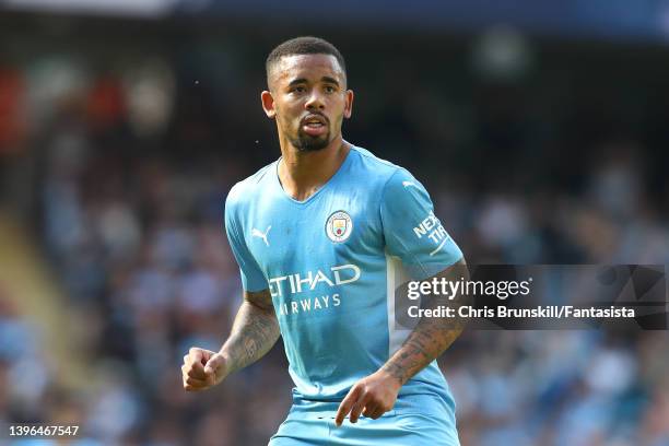 Gabriel Jesus of Manchester City in action during the Premier League match between Manchester City and Newcastle United at Etihad Stadium on May 08,...