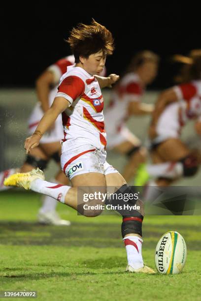 Ayasa Otsuka of Japan kicks during the Women's International Test match between the Australia Wallaroos and Japan at Bond University on May 10, 2022...