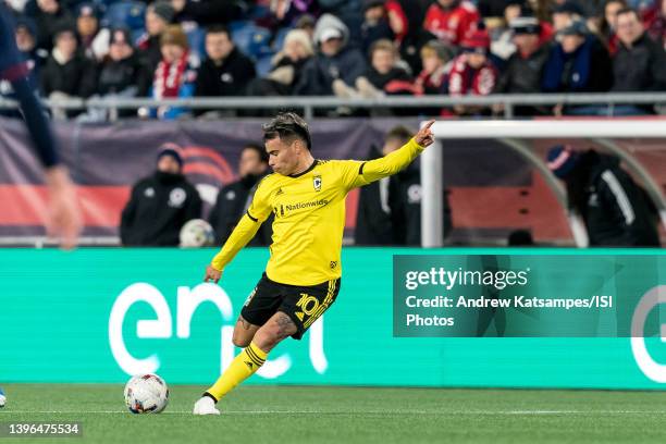 Lucas Zelarayan of Columbus Crew passes the ball during a game between Columbus Crew and New England Revolution at Gillette Stadium on May 7, 2022 in...