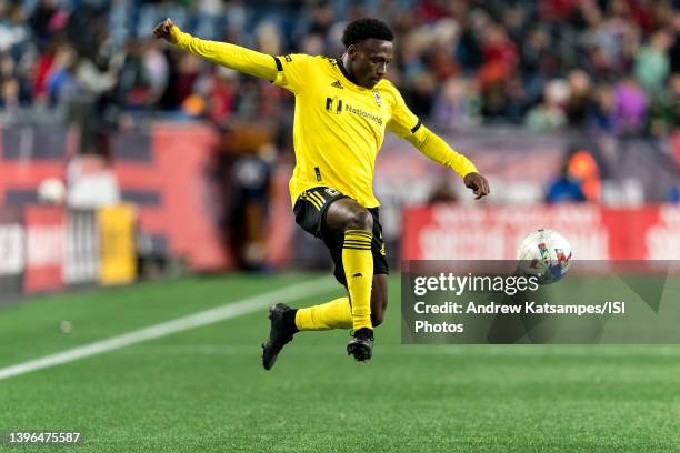 Derrick Etienne of Columbus Crew collects a pass during a game between Columbus Crew and New England Revolution at Gillette Stadium on May 7, 2022 in...