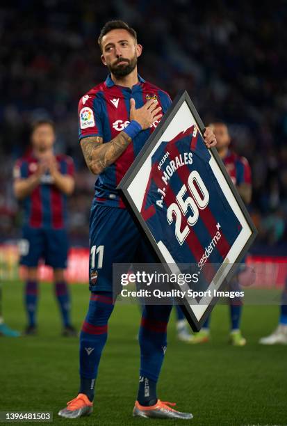 Jose Luis Morales of Levante UD celebrating with a shirt his 250 matches with his team before the La Liga Santander match between Levante UD and Real...