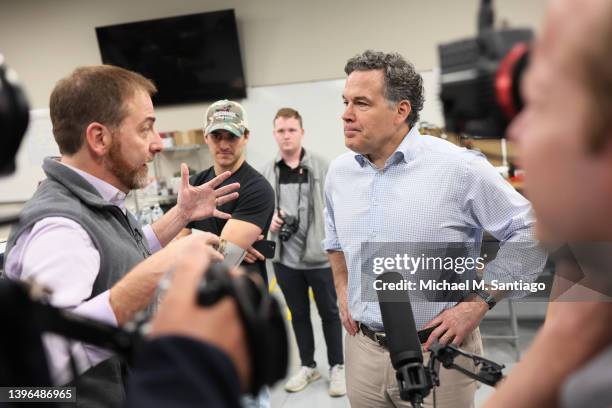 Journalist Chuck Todd speaks with PA GOP Senate Candidate Dave McCormick after touring the Lackawanna Petroleum And Gas College on May 10, 2022 in...