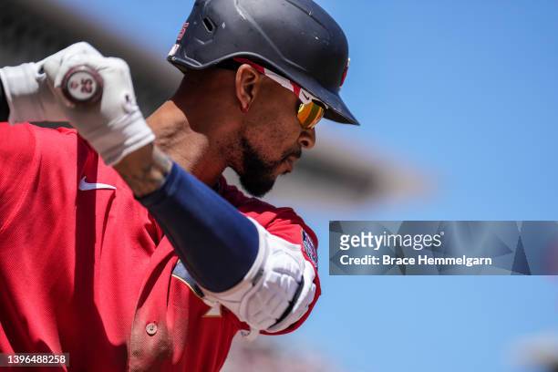 Byron Buxton of the Minnesota Twins looks on against the Oakland Athletics on May 7, 2022 at Target Field in Minneapolis, Minnesota.