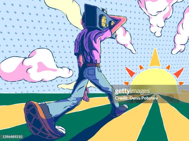 mann, der mit boombox geht. - retro-synthwave-background stock-grafiken, -clipart, -cartoons und -symbole