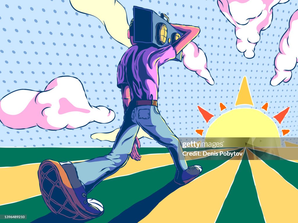 Hombre caminando con boombox.
