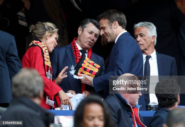President of France Emmanuel Macron with Mayor of Nice Christian Estrosi and his wife Laura Tenoudji during the French Cup Final between OGC Nice and...