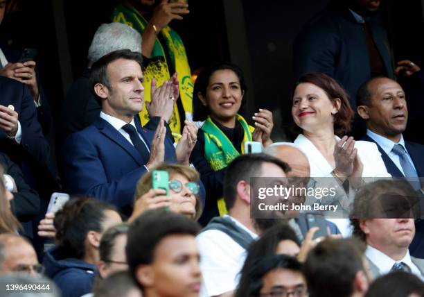 President of France Emmanuel Macron, French Minister of Sports Roxana Maracineanu during the French Cup Final between OGC Nice and FC Nantes at Stade...