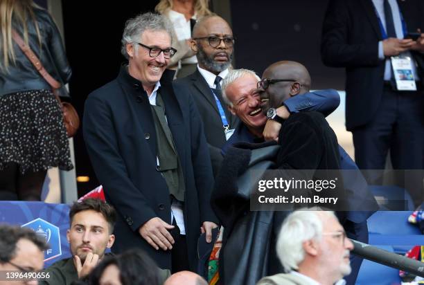 Laurent Blanc, Didier Deschamps, Lilian Thuram during the French Cup Final between OGC Nice and FC Nantes at Stade de France on May 7, 2022 in...