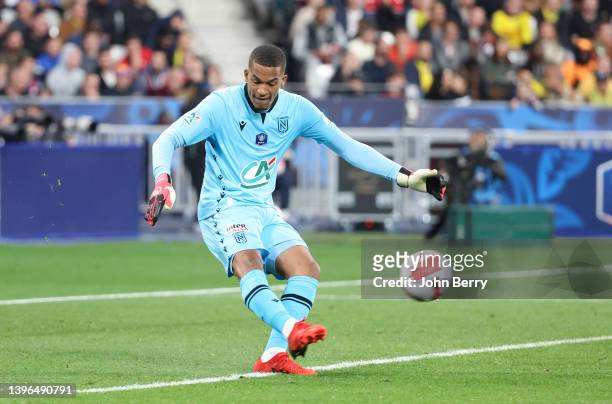 Goalkeeper of Nantes Alban Lafont during the French Cup Final between OGC Nice and FC Nantes at Stade de France on May 7, 2022 in Saint-Denis near...