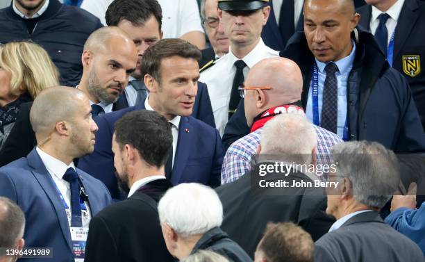 President of France Emmanuel Macron during the French Cup Final between OGC Nice and FC Nantes at Stade de France on May 7, 2022 in Saint-Denis near...