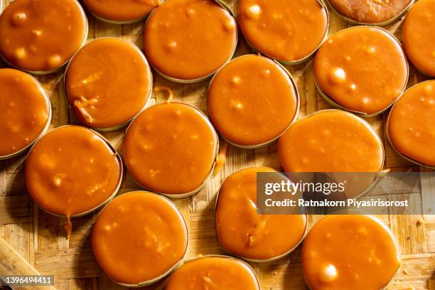 jaggery sugar made of asian palmyra palm sap filled in slices of small dried palm leaves - coconut chunks stock pictures, royalty-free photos & images