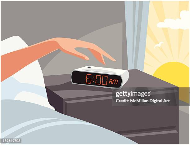 ilustraciones, imágenes clip art, dibujos animados e iconos de stock de person turning off alarm clock - alarm clock