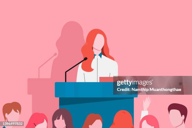 business conference shows the businesswoman presenting on the podium in the conference room, the audiences join the conference by listening and asking the questions. - build presents suits fotografías e imágenes de stock