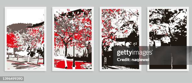 vector the cherry blossom sakura street city night landscape scene engraving style pattern postcard illustration backgrounds - cherry tree stock illustrations