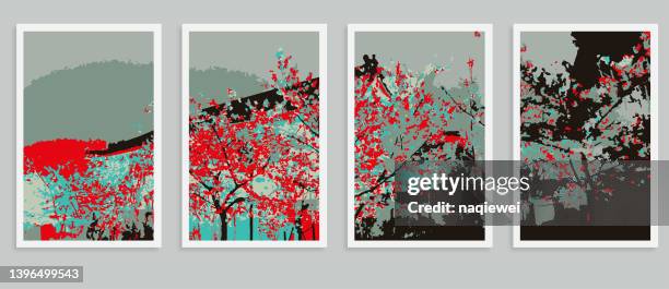 vector the cherry blossom sakura street city night landscape scene woodcut style pattern postcard illustration backgrounds - japanese flower arrangement stock illustrations