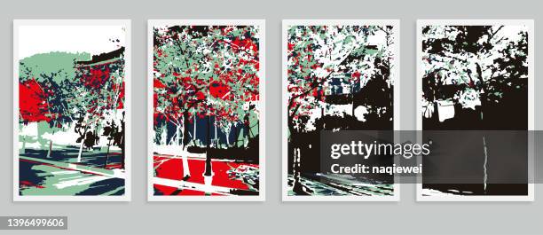 vector the cherry blossom sakura street city night landscape scene woodcut style pattern postcard illustration backgrounds - template:east stock illustrations