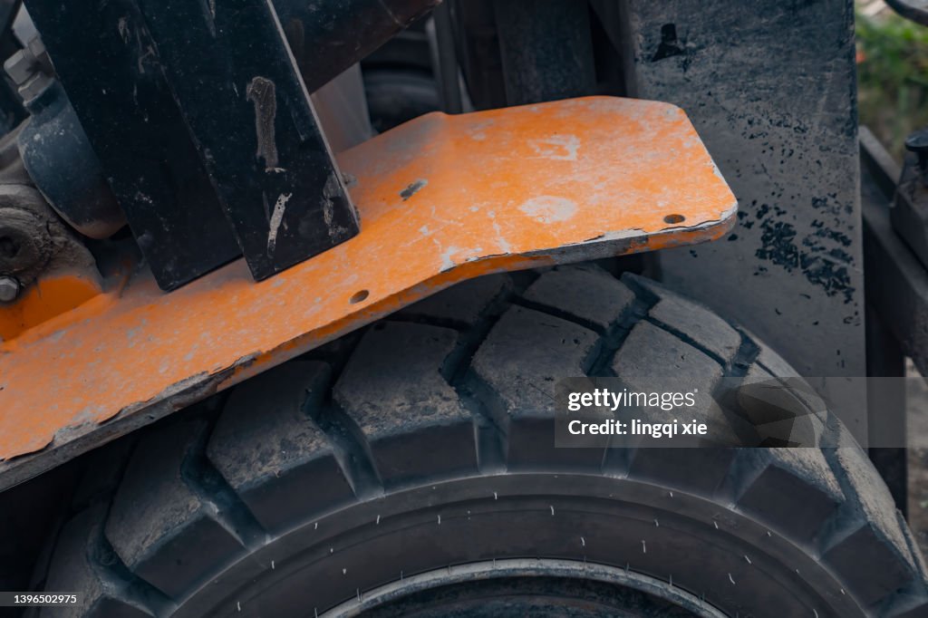 Partial close-up of a forklift tire