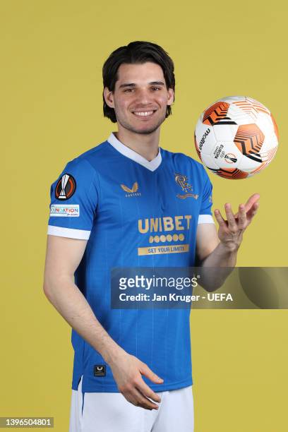 Ianis Hagi of Rangers poses during the UEFA Europa League Final Media Day on May 09, 2022 in Glasgow, Scotland.