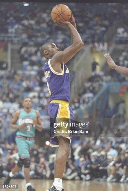 Guard Kobe Bryant of the Los Angeles Lakers shoots the ball during the NBA All-Star Rookie Game at the Gund Arena in Cleveland, Ohio. Mandatory...