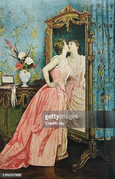 young woman is in love with herself and kisses in the mirror - vanity stock illustrations