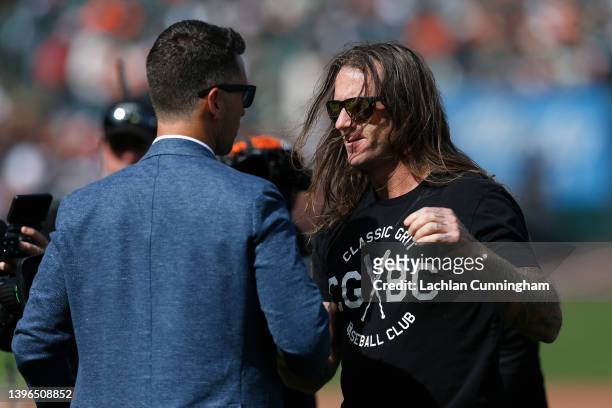 Former San Francisco Giants player Brian Wilson looks on during the pre-game ceremony for Buster Posey at Oracle Park on May 07, 2022 in San...