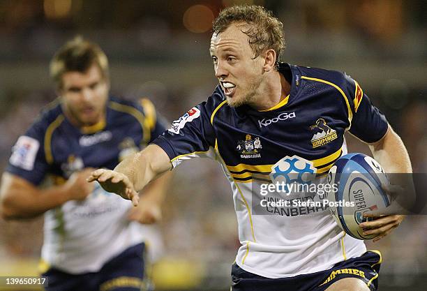 Jesse Mogg of the Brumbies in action during the round one Super Rugby match between the Brumbies and Force at Canberra Stadium on February 24, 2012...