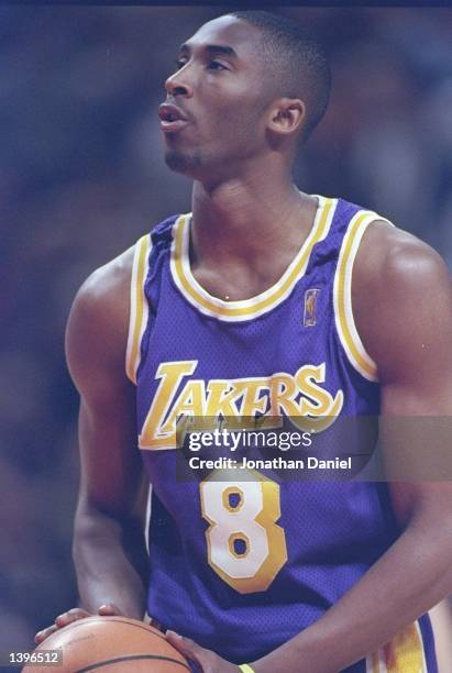 Guard Kobe Bryant of the Los Angeles Lakers stands at the foul line during a game against the Chicago Bulls at the United Center in Chicago,...