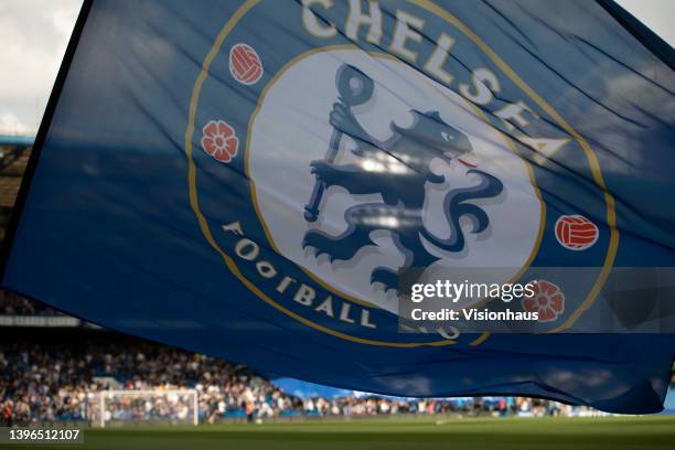 Chelsea club crest on a flag prior to the Premier League match between Chelsea and West Ham United at Stamford Bridge on April 24, 2022 in London,...