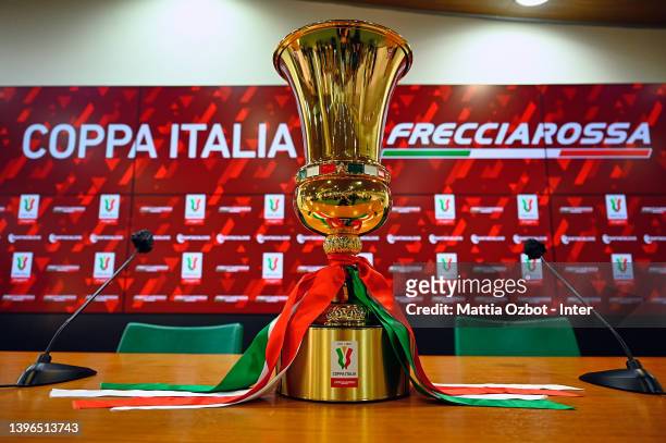 The Coppa Italia Trophy during the press conference to present the Final Coppa Italia match between FC Juventus and FC Internazionale Milan at Stadio...