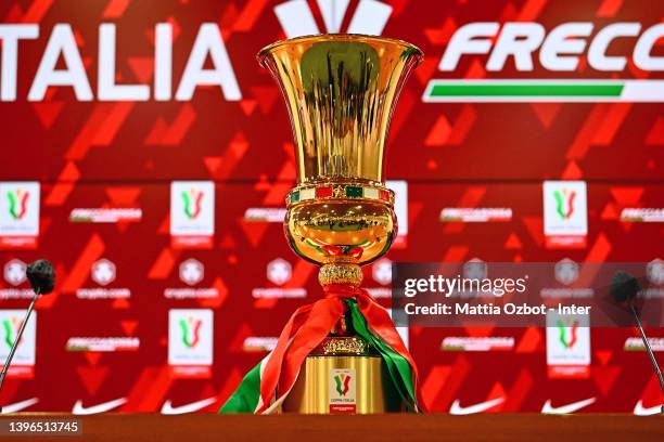 The Coppa Italia Trophy during the press conference to present the Final Coppa Italia match between FC Juventus and FC Internazionale Milan at Stadio...