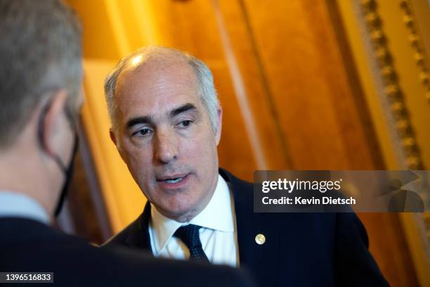 Sen. Bob Casey talks to reporters prior to a Democratic policy luncheon at the U.S. Capitol on May 10, 2022 in Washington, DC. The Senators are...