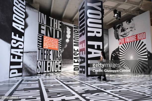 View shows 'Untitled' by artist Barbara Kruger at the Corderie of Arsenale during the 59th International Art Exhibition on May 10, 2022 in Venice,...