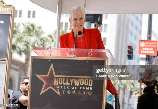 Jamie Lee Curtis speaks onstage during the Hollywood Walk of Fame Star Ceremony for James Hong on May 10, 2022 in Hollywood, California.