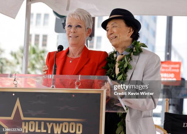 Jamie Lee Curtis and James Hong speak onstage during the Hollywood Walk of Fame Star Ceremony for James Hong on May 10, 2022 in Hollywood, California.