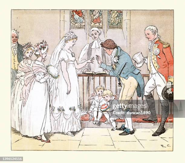young couple getting married, church wedding, ring on finger, bride, groom, 18th century style - newlywed stock illustrations