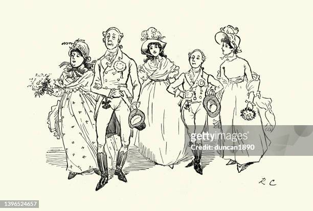 ilustrações, clipart, desenhos animados e ícones de homens e mulheres andando de braço dado, estilo do século xviii, caricatura vitoriana - estilo regency