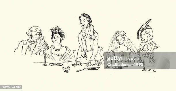 man giving a speech at a wedding reception, victorian caricature - wedding party stock illustrations