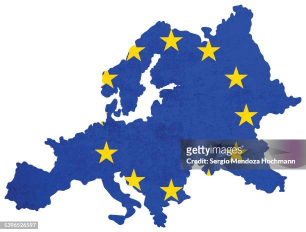 map of europe with a flag of the european union, eu, with a grunge texture - europese cultuur stockfoto's en -beelden