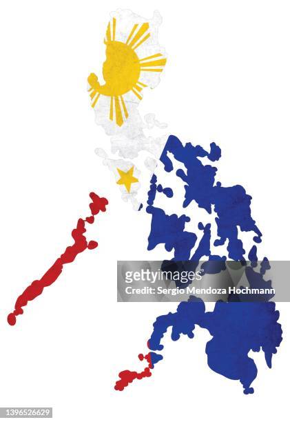 map of the philippines with a philippine, filipino, flag with a grunge texture - philippines national flag stock-fotos und bilder