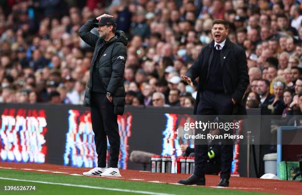 Juergen Klopp, Manager of Liverpool reacts during the Premier League match between Aston Villa and Liverpool at Villa Park on May 10, 2022 in...