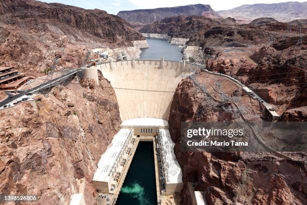 View shows Lake Mead behind the Hoover Dam, the Hoover Powerplant below and the Colorado River from the Nevada side of the Mike O'Callaghan-Pat...