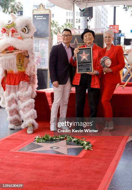 Daniel Dae Kim, James Hong and Jamie Lee Curtis attend the Hollywood Walk of Fame Star Ceremony for James Hong on May 10, 2022 in Hollywood,...