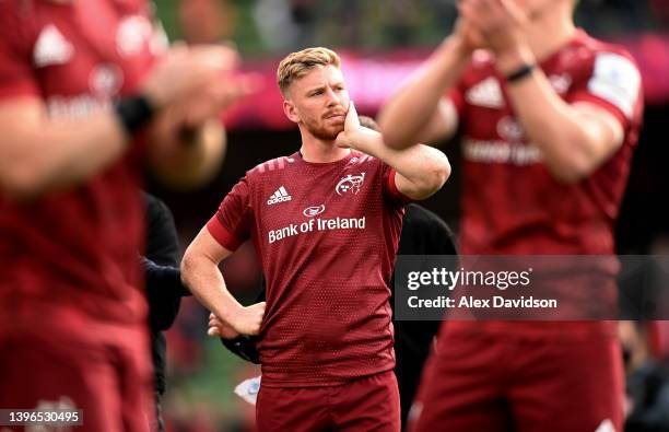 Ben Healy of Munster reacts after the Heineken Champions Cup Quarter Final match between Munster Rugby and Stade Toulousain at Aviva Stadium on May...