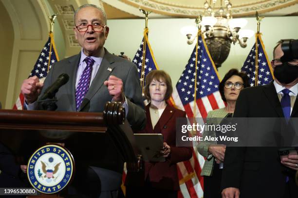 Senate Majority Leader Sen. Chuck Schumer speaks to members of the press after a weekly Senate Democratic policy luncheon at the U.S. Capitol May 10,...