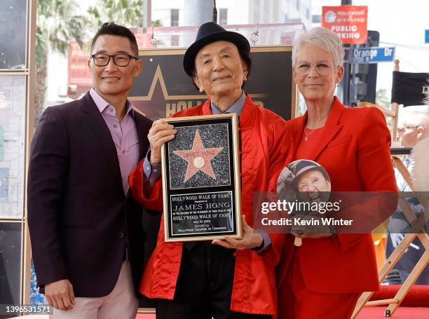 Daniel Dae Kim, James Hong and Jamie Lee Curtis attend the Hollywood Walk of Fame Star Ceremony for James Hong on May 10, 2022 in Hollywood,...