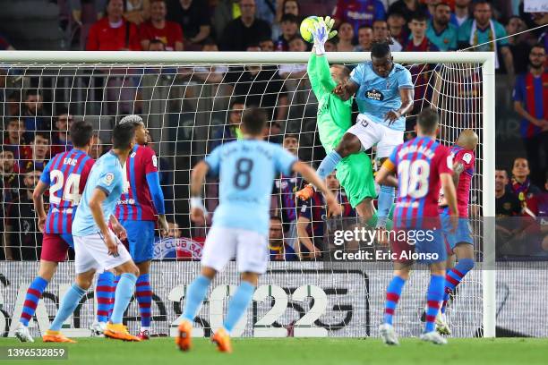 Marc Andre Ter Stegen of FC Barcelona challenges for the ball against Joseph Aidoo of Celta de Vigo during the La Liga Santader match between FC...