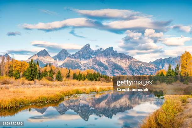 grand teton national park reflection morning wyoming - wyoming stock pictures, royalty-free photos & images